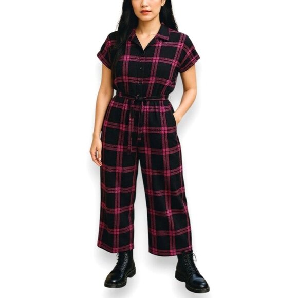 THE KIT Dottie Jumpsuit Plaid Slub Cotton Straight Leg - Picture 1 of 16